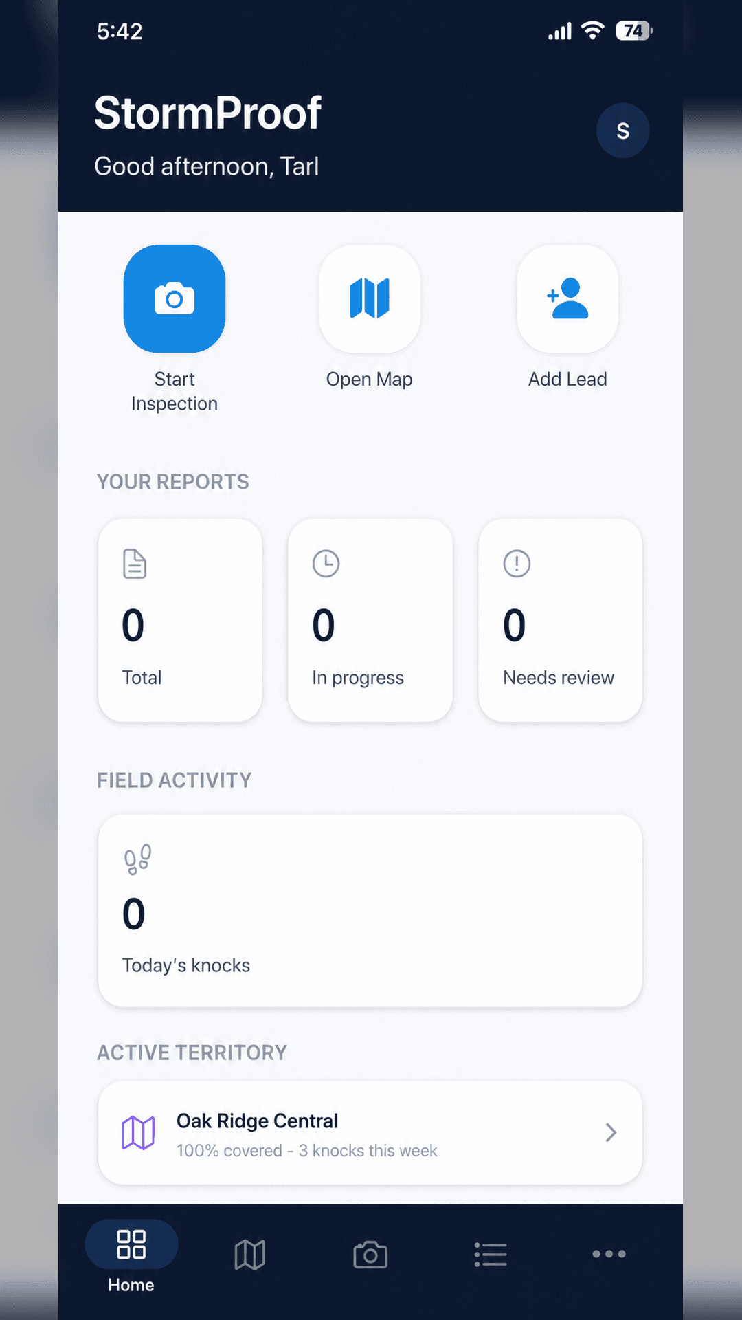 StormProof mobile app home dashboard with reports and field activity