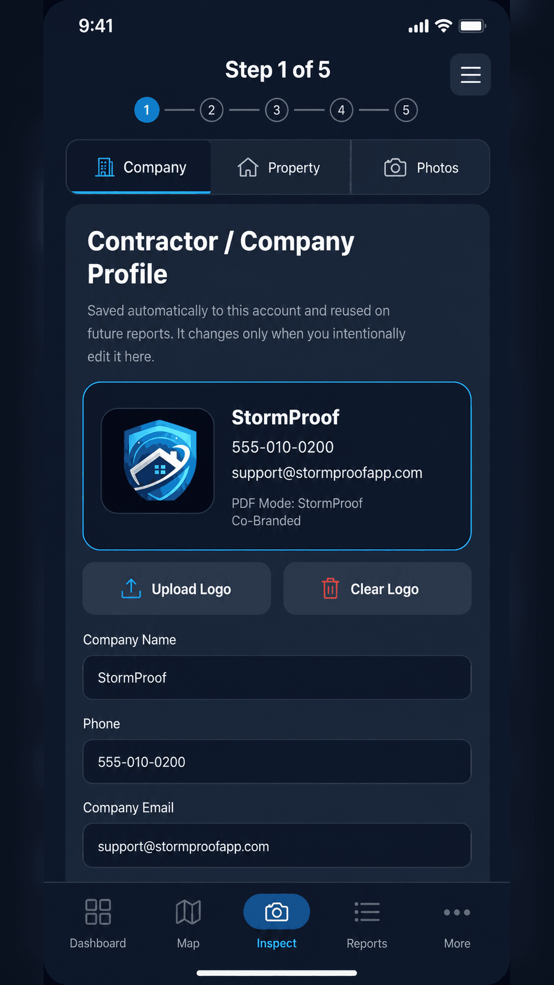 StormProof mobile inspection workflow, step 1 of 5