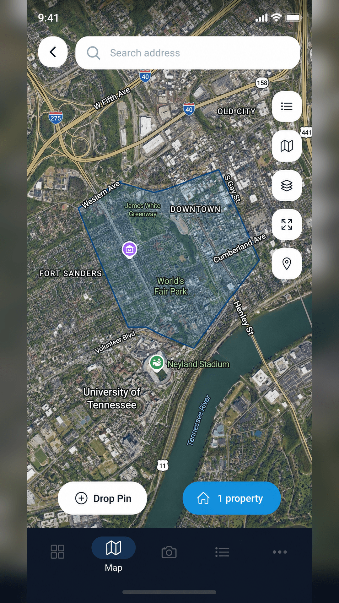 StormProof mobile territory map with property pin